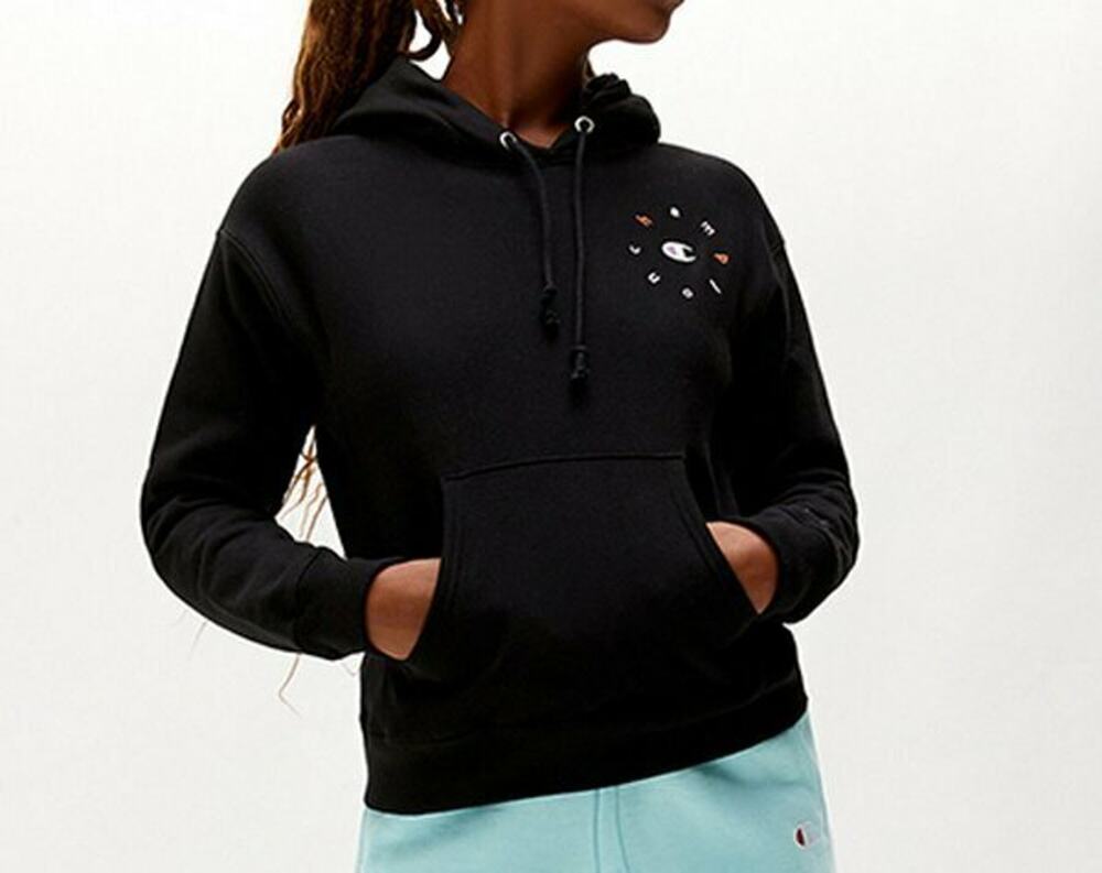 CHAMPION REVERSE WEAVE BLACK EMBROIDERED CHEST LOGO HOODIE HOODED SWEATSHIRT S